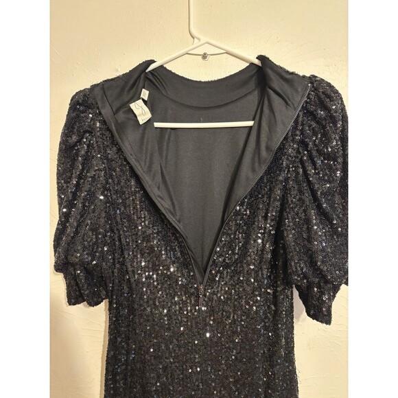 Black Sequin Dress Small Puff Short-Sleeves Glam Fem Sparkle High Neck Holiday - Picture 3 of 5